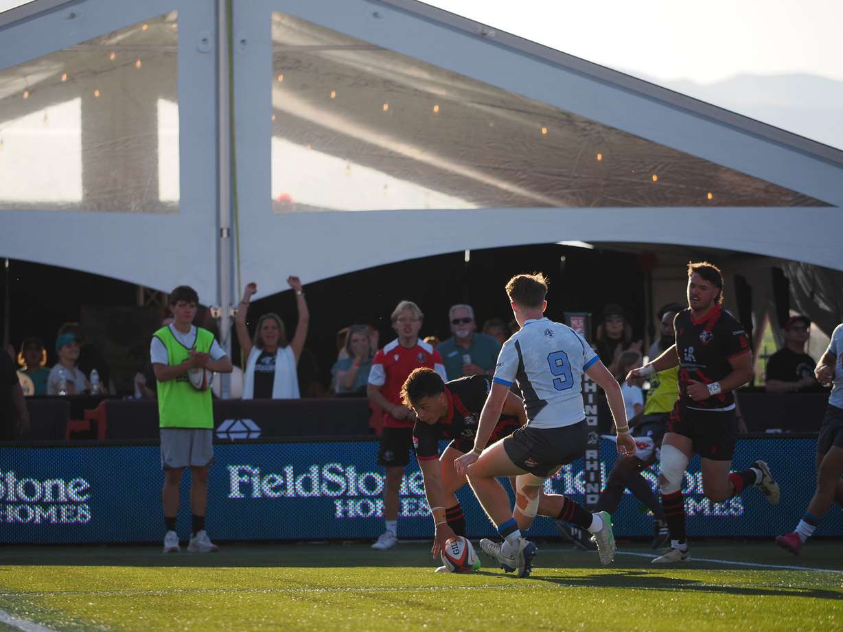 Cole Semu scores a try during the Utah Warriors' Major League Rugby match against Anthem RC, Friday, May 30, 2025 at Zions Bank Stadium in Herriman, Utah.