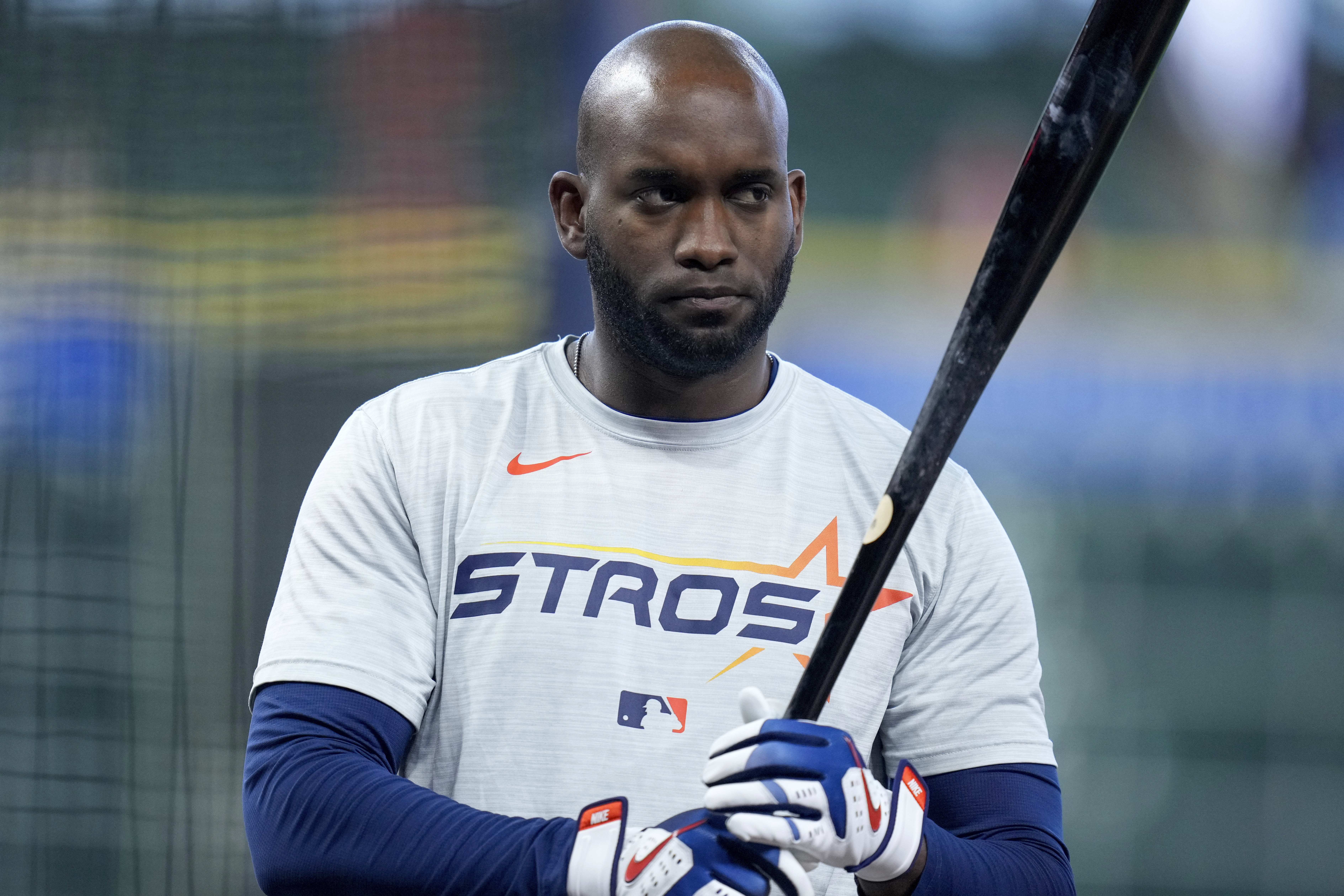 FILE - Houston Astros designated hitter Yordan Alvarez waits to hit during batting practice before a baseball game against the Toronto Blue Jays, April 21, 2025, in Houston. 