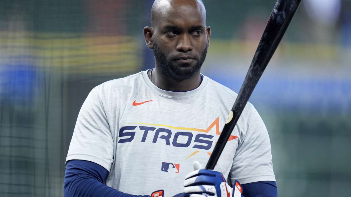 FILE - Houston Astros designated hitter Yordan Alvarez waits to hit during batting practice before a baseball game against the Toronto Blue Jays, April 21, 2025, in Houston.