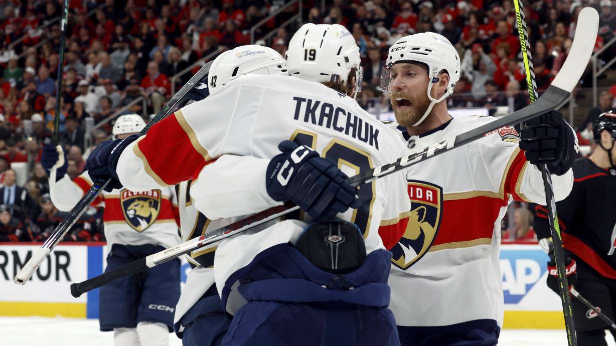 The Florida Panthers celebrate a goal by Gustav Forsling (42) during the first period of Game 2 of the NHL hockey Stanley Cup Eastern Conference finals against the Carolina Hurricanes in Raleigh, N.C., Thursday, May 22, 2025.