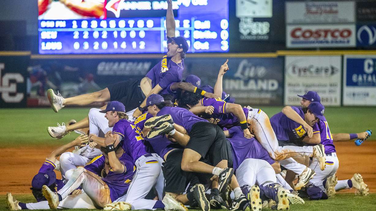LSU Shreveport celebrates after defeating Southeastern of Florida to win the championship game of the NAIA World Series college baseball game, Friday, May 30 2025, at Harris Field in Lewiston, Idaho.