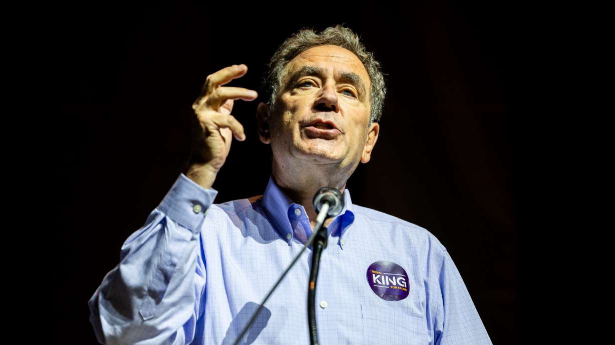 Brian King speaks during the Utah Democratic Convention at Ogden High School on Saturday. King was elected as the new party chairman Saturday.