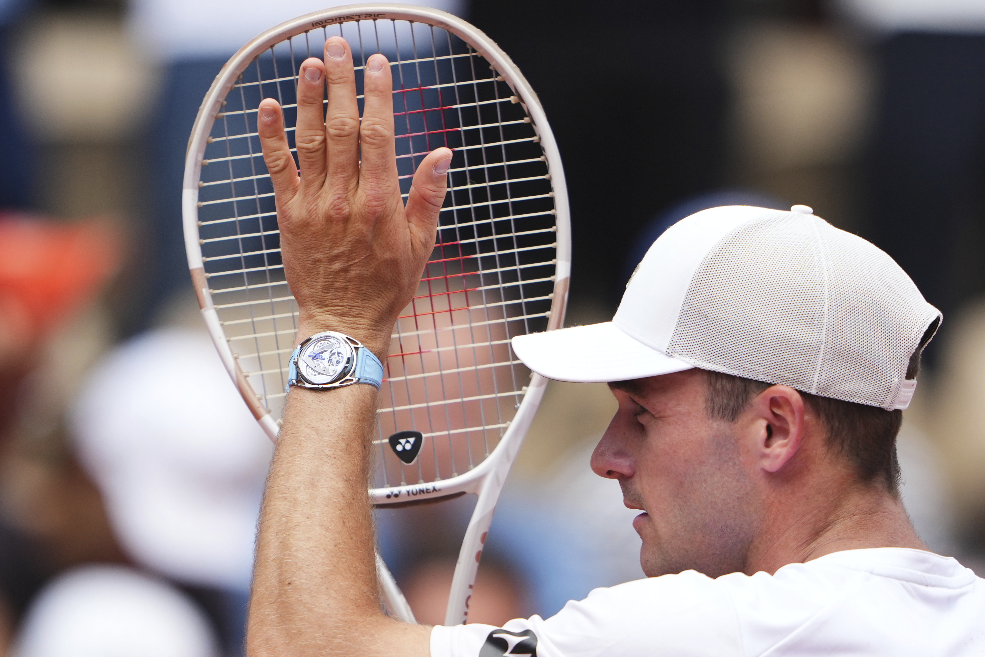 Tommy Paul of the U.S. reacts after beating Australia's Alexei Popyrin during their fourth round match of the French Tennis Open, at the Roland-Garros stadium, in Paris, Sunday, June 1 2025.