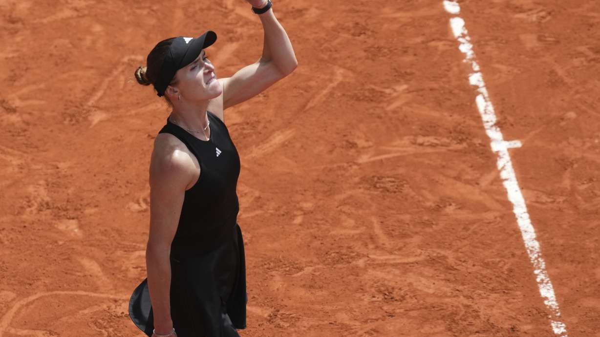 Ukraine's Elina Svitolina reacts winning a point to Italy's Jasmine Paolini during their fourth round match of the French Tennis Open, at the Roland-Garros stadium, in Paris, Sunday, June 1 2025.
