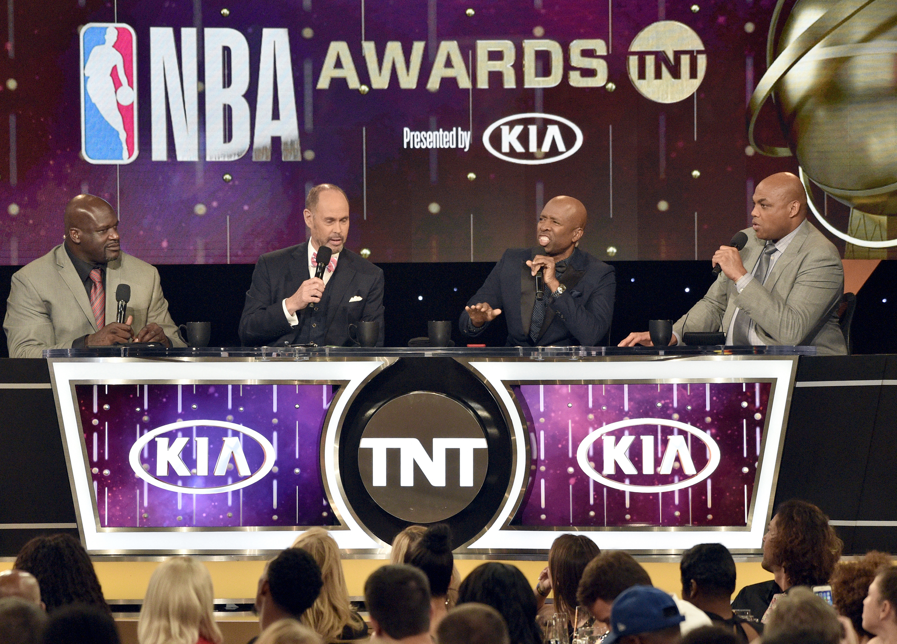 FILE - Shaquille O'Neal, from left, Ernie Johnson, Kenny Smith and Charles Barkley speak at the NBA Awards on Monday, June 25, 2018, at the Barker Hangar in Santa Monica, Calif. 