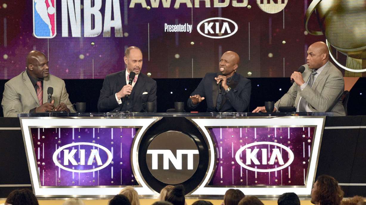 FILE - Shaquille O'Neal, from left, Ernie Johnson, Kenny Smith and Charles Barkley speak at the NBA Awards on Monday, June 25, 2018, at the Barker Hangar in Santa Monica, Calif.