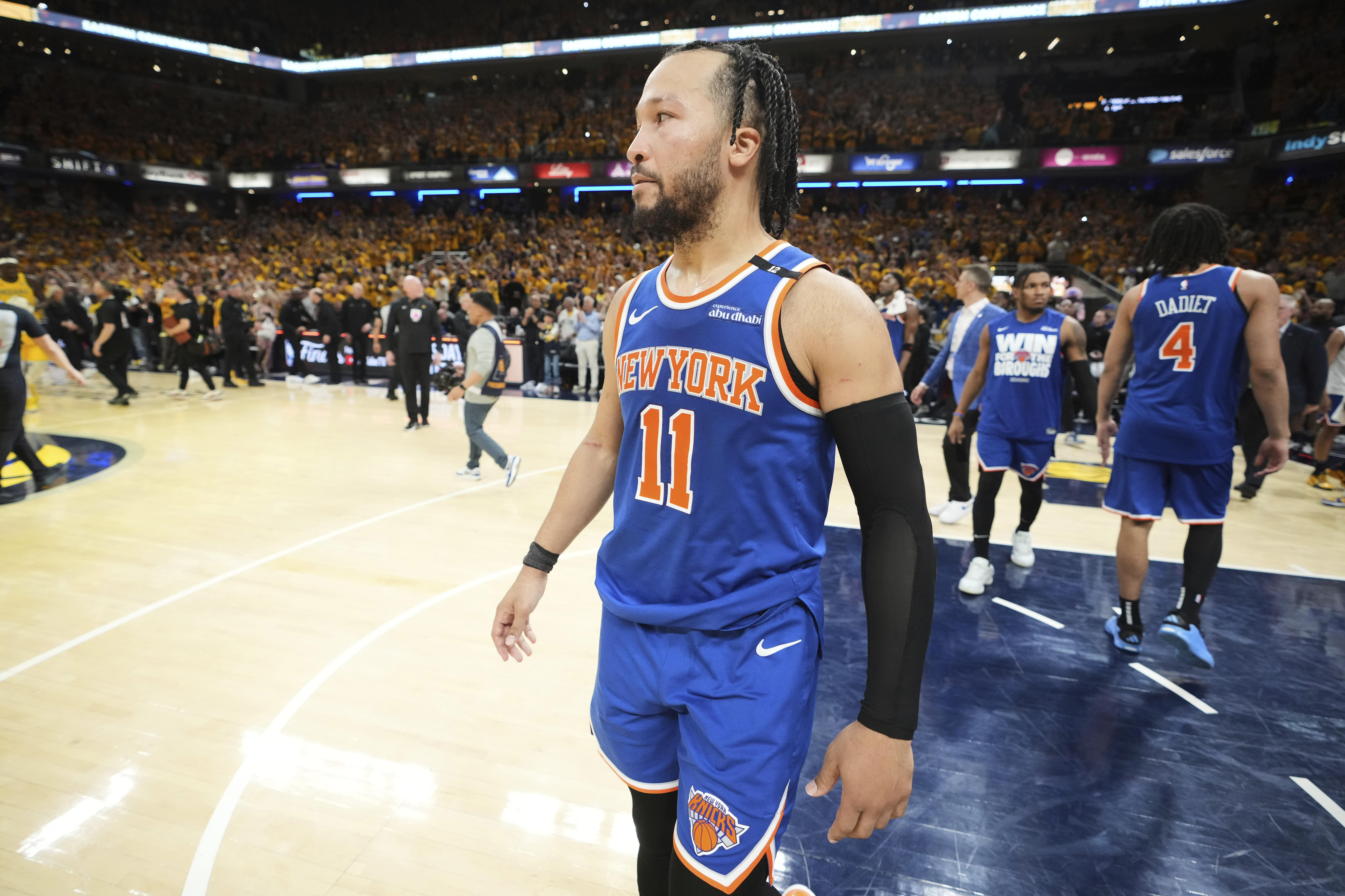 New York Knicks guard Jalen Brunson (11) reacts after losing to the Indiana Pacers in Game 6 of the Eastern Conference finals of the NBA basketball playoffs in Indianapolis, Saturday, May 31, 2025. 