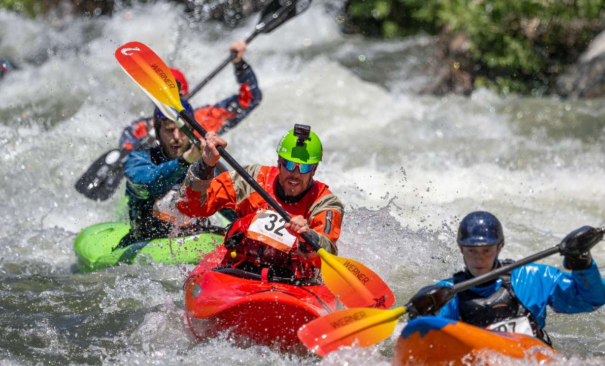 Marc Nelson and other competitors compete in the Provo River Race, a whitewater kayak competition in Provo Canyon on Saturday.