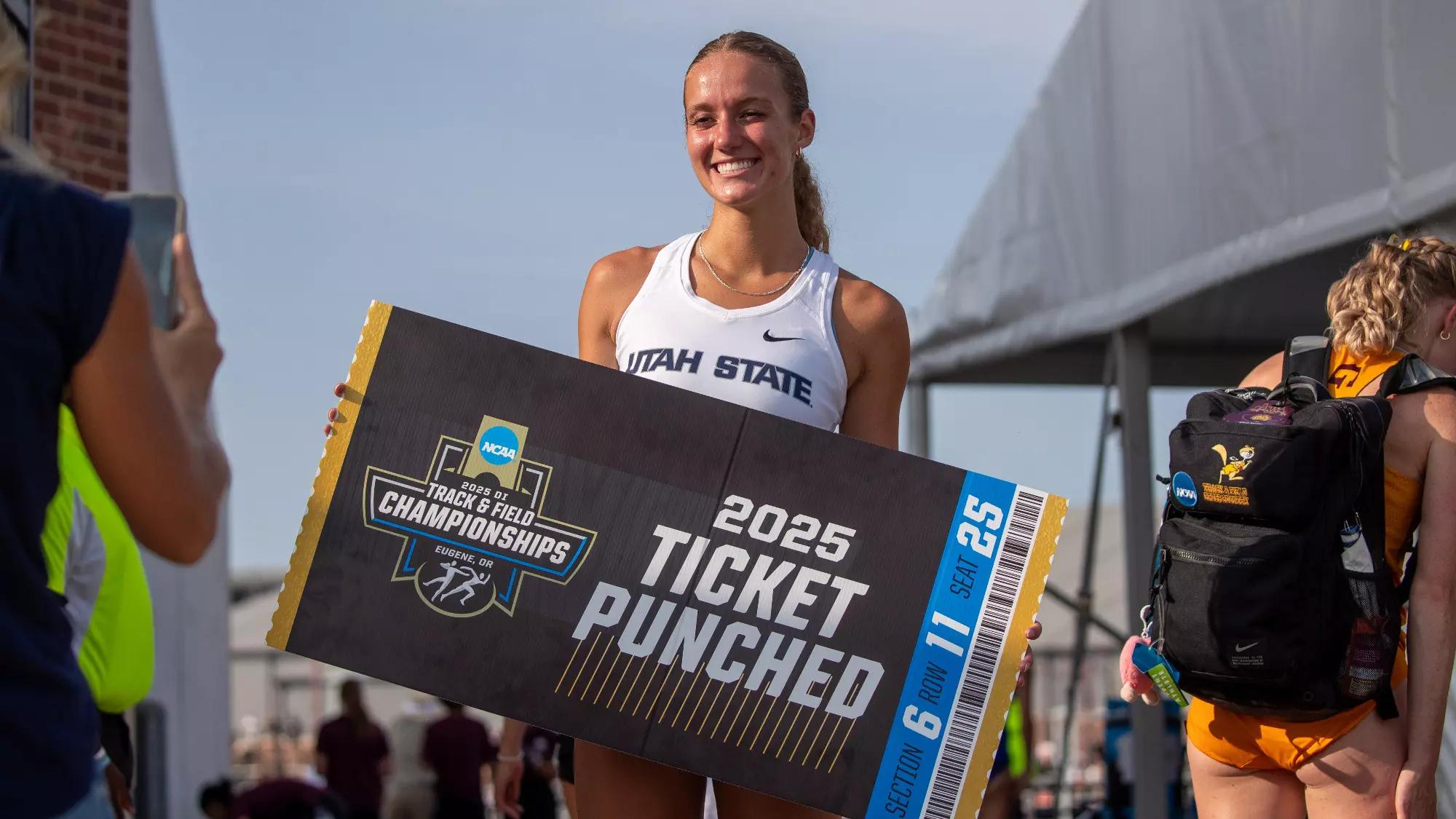 Sophomore Shelby Jensen punched her ticket to the 2025 National Championships as three women representing Utah State women’s track & field team raced at the 2025 NCAA West First Rounds in College Station, Texas, on Saturday.