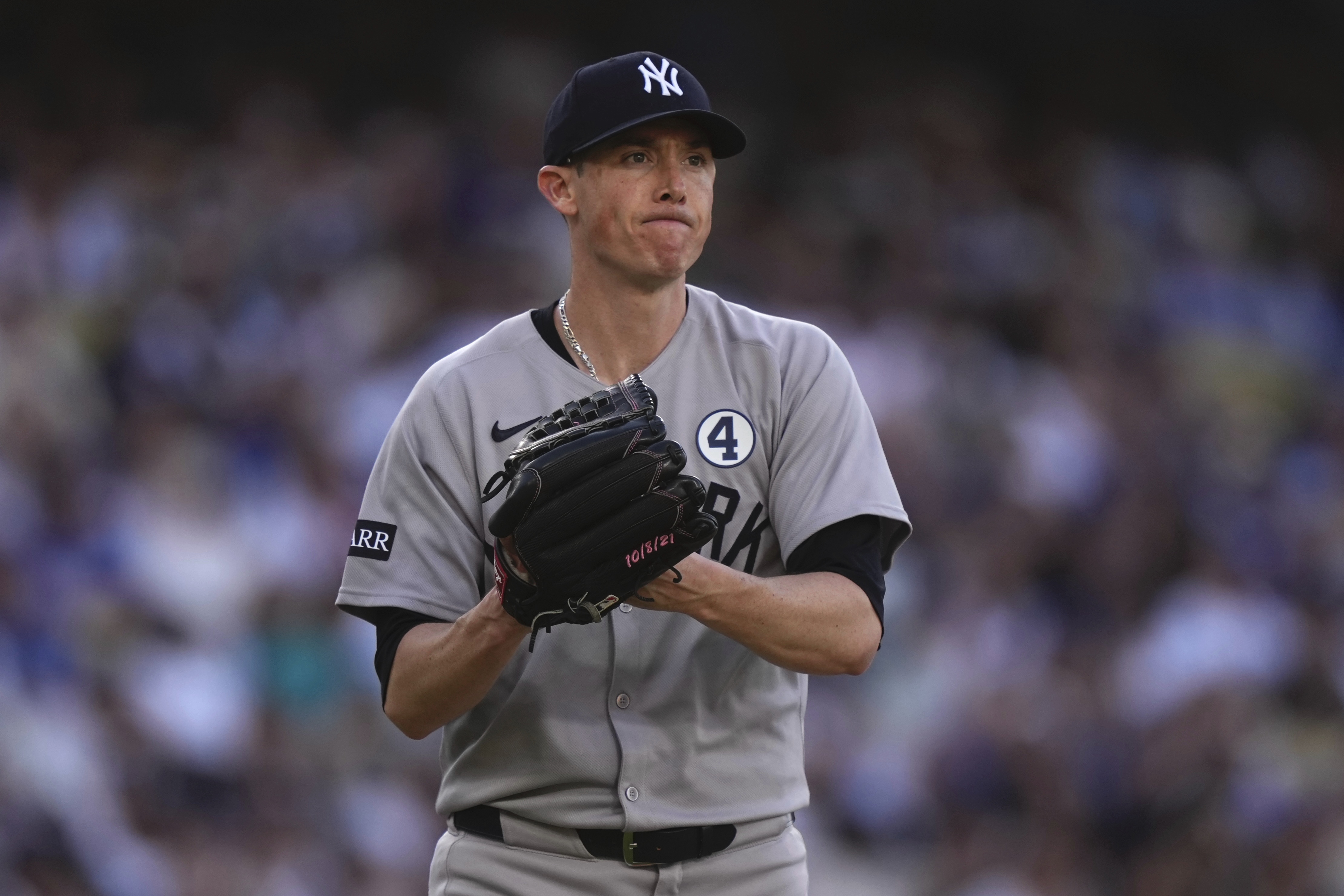 New York Yankees' Ryan Yarbrough celebrates after striking out Los Angeles Dodgers' Freddie Freeman to end the sixth inning of a baseball game Sunday, June 1, 2025, in Los Angeles. 