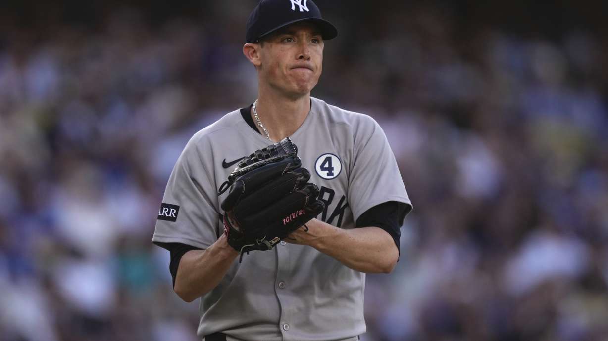 New York Yankees' Ryan Yarbrough celebrates after striking out Los Angeles Dodgers' Freddie Freeman to end the sixth inning of a baseball game Sunday, June 1, 2025, in Los Angeles.