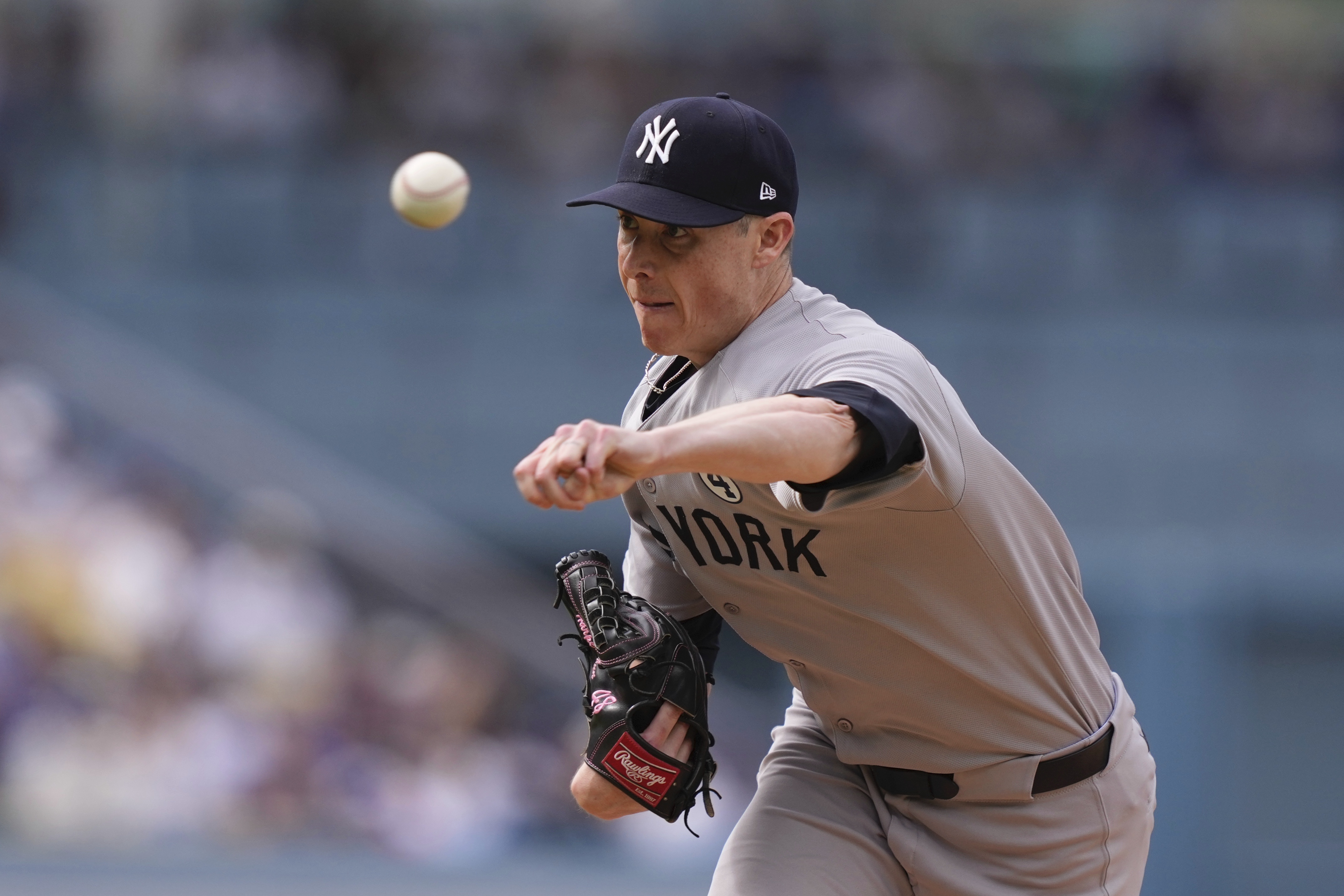 New York Yankees relief pitcher Ryan Yarbrough during the first inning of a baseball game against the Los Angeles Dodgers, Sunday, June 1, 2025, in Los Angeles. 