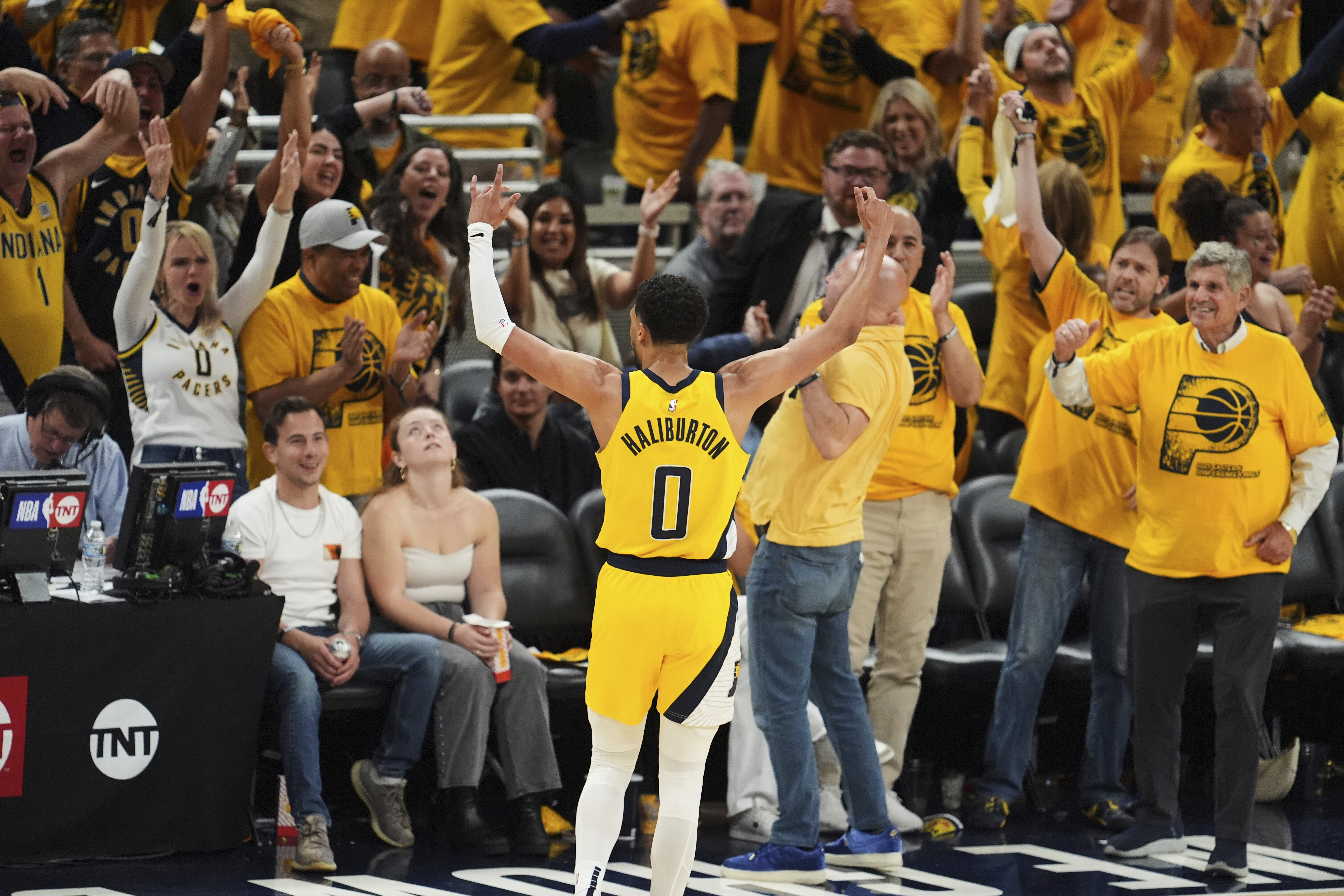Indiana Pacers guard Tyrese Haliburton celebrates after a teammate made a 3-pointer during the second half of Game 6 of the Eastern Conference finals of the NBA basketball playoffs against the New York Knicks in Indianapolis, Saturday, May 31, 2025. 