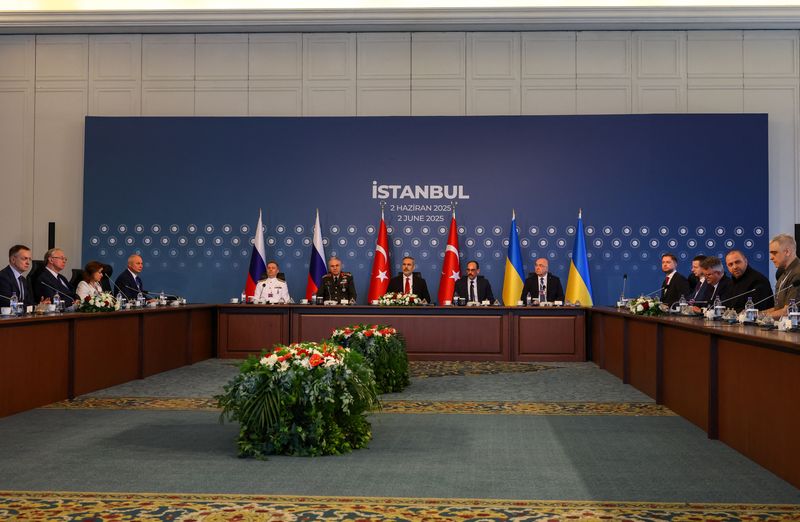 Russian delegation, led by presidential adviser, Vladimir Medinsky, Chief of the Turkish General Staff, Metin Gurak, Turkish Foreign Minister Hakan Fidan, Turkey's intelligence chief, Ibrahim Kalin, Ukrainian delegation led by Ukrainian Defense Minister Rustem Umerov, attend a meeting at Ciragan Palace on the day of the second round of peace talks between Russia and Ukraine, in Istanbul, Turkey, Monday.
