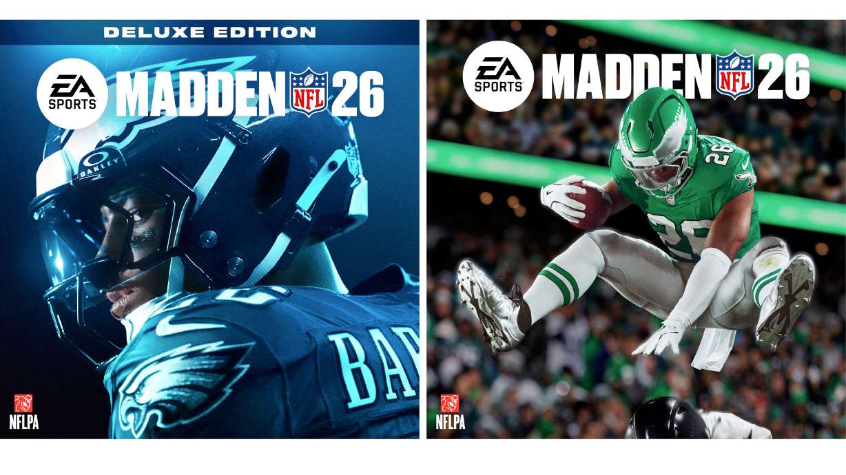 This combo of images provided by EA Sports shows Philadelphia Eagles running back Saquon Barkley on the cover of EA Sports' Madden 26 deluxe edition, left, and standard edition.