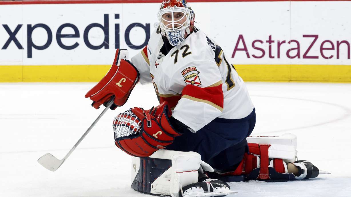 Florida Panthers goaltender Sergei Bobrovsky (72) watches the puck against the Carolina Hurricanes during the second period of Game 5 of the NHL hockey Stanley Cup Eastern Conference finals in Raleigh, N.C., Wednesday, May 28, 2025.