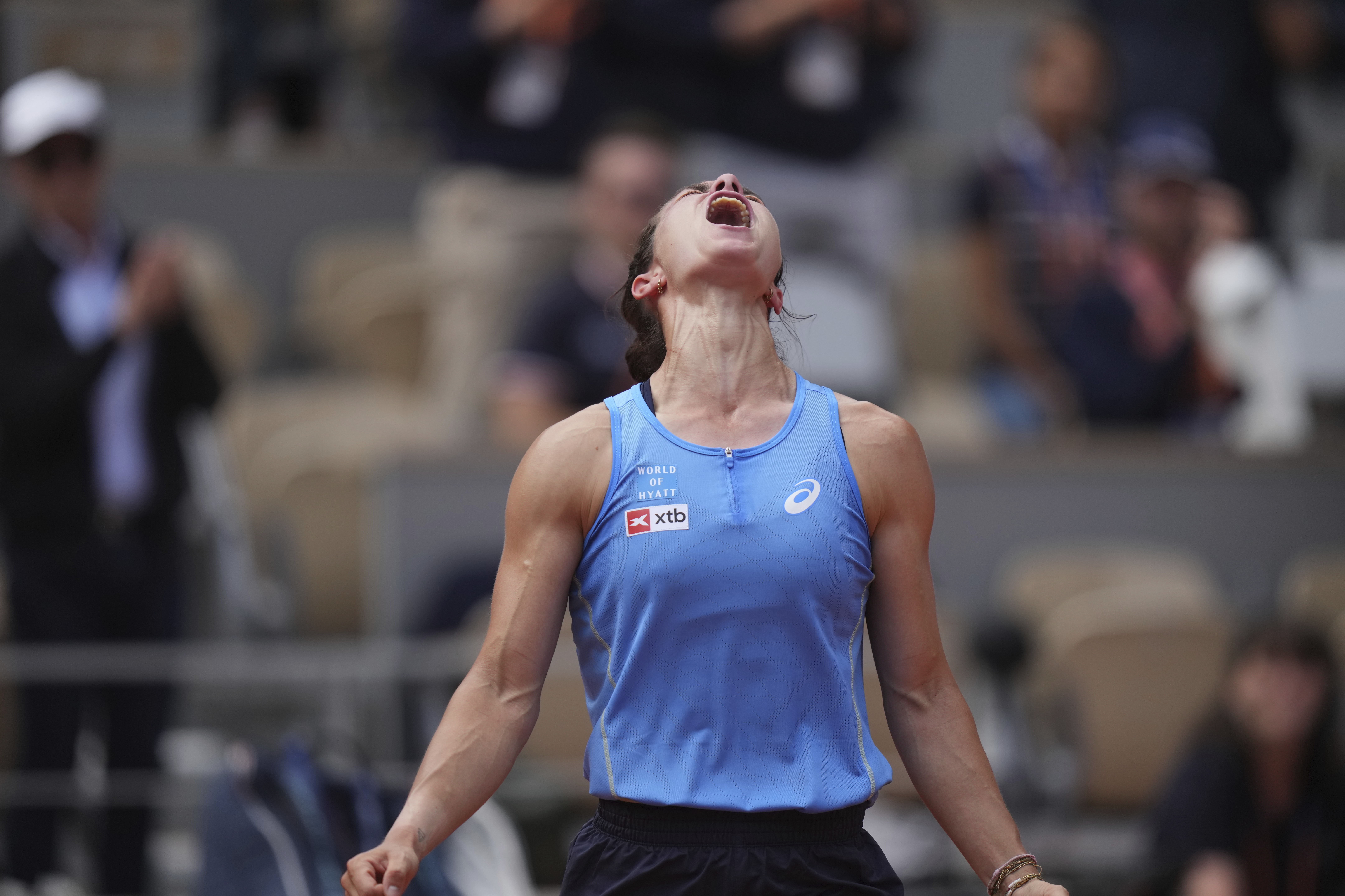 France's Lois Boisson celebrates as she won the fourth round match of the French Tennis Open against Jessica Pegula of the U.S. at the Roland-Garros stadium in Paris, Monday, June 2, 2025. 