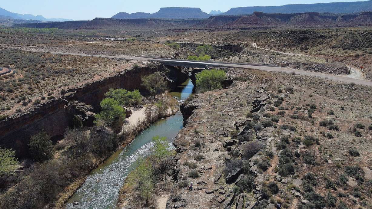 The Virgin River winds through the desert near Virgin, Washington County, on April 9, 2021.