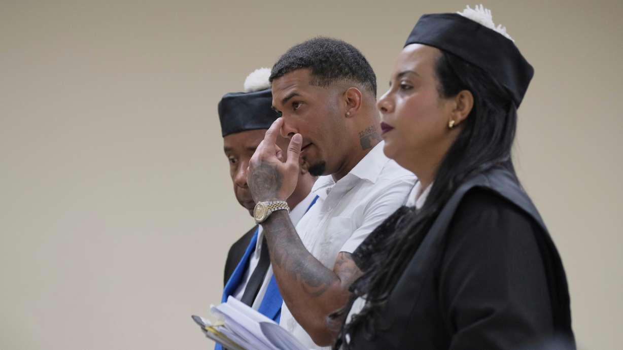 Tampa Bay Rays shortstop Wander Franco, center, attends his trial on charges of sexually abusing a minor in Puerto Plata, Dominican Republic, Monday, June 2, 2025.