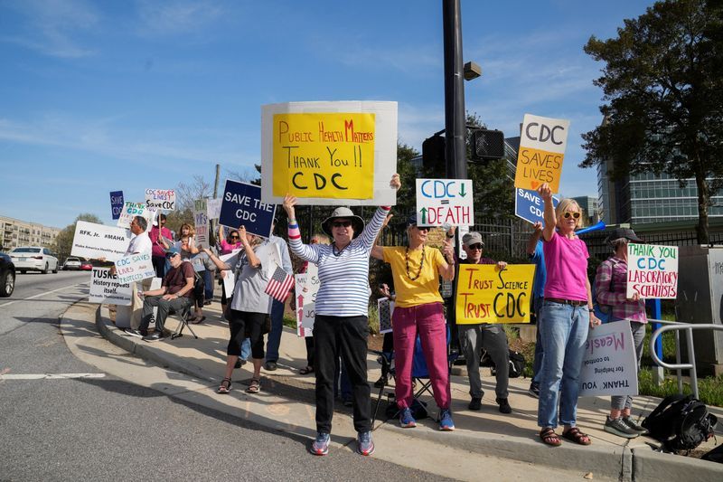 Demonstrators protest outside the Centers for Disease Control and Prevention, in Atlanta, after the Trump administration began mass layoffs of 10,000 staffers at U.S. health agencies under the Department of Health and Human Services, including the FDA, CDC and the National Institutes of Health, April 1.
