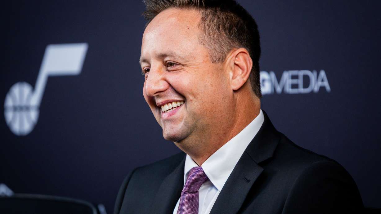 Austin Ainge, president of basketball operations for the Utah Jazz, speaks during an introductory media availability at Zions Bank Basketball Campus in Salt Lake City on Monday, June 2, 2025.