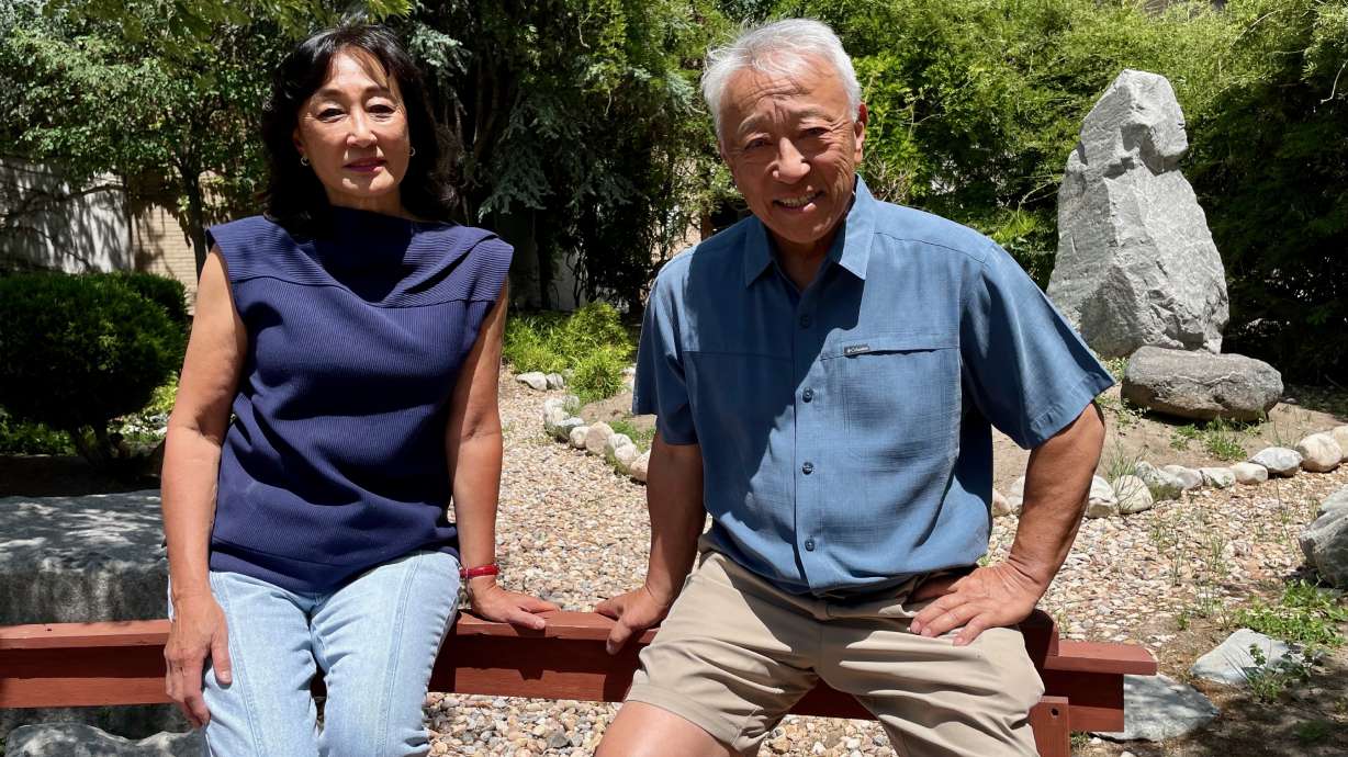 Lynne Park and Rolen Yoshinaga, advocates for preservation of Japantown in Salt Lake City amid a major nearby redevelopment plan, in the area on May 28.