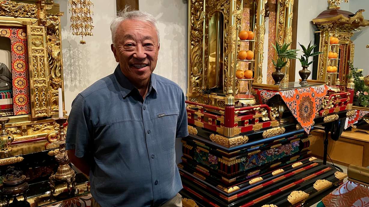 Rolen Yoshinaga, an advocate for preservation of Japantown in Salt Lake City amid a major nearby redevelopment plan, inside Japantown's Salt Lake Buddhist Temple on May 28.