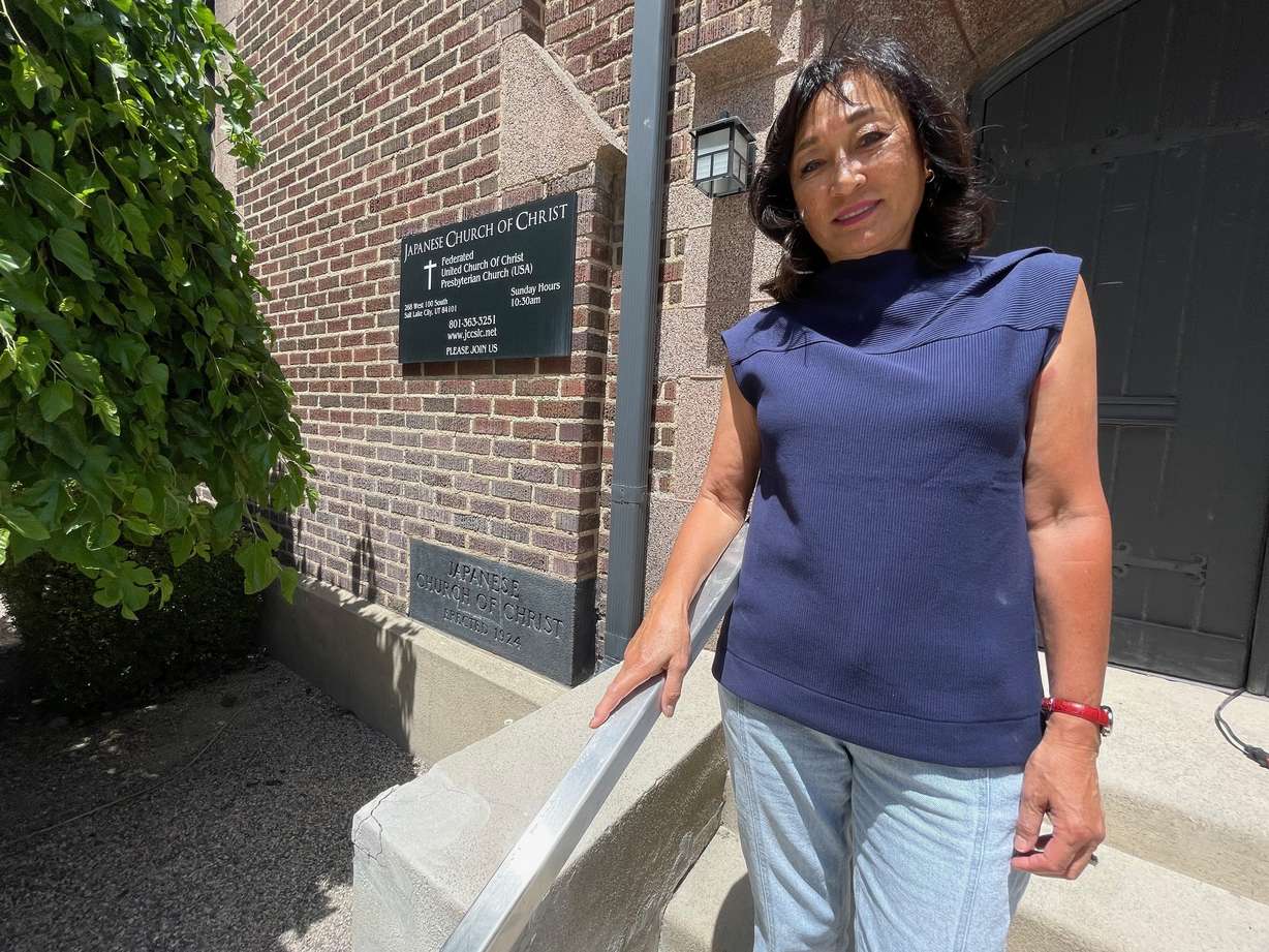 Lynne Ward, an advocate for preservation of Japantown in Salt Lake City amid a major nearby redevelopment plan, outside the Japanese Church of Christ in Japantown on May 28.