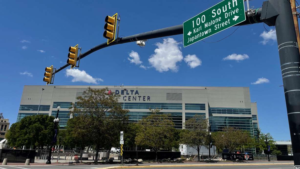 A street sign showing the honorary Japantown Street designation of a segment of 100 South near the Delta Center in Salt Lake City in a May 1 photo.