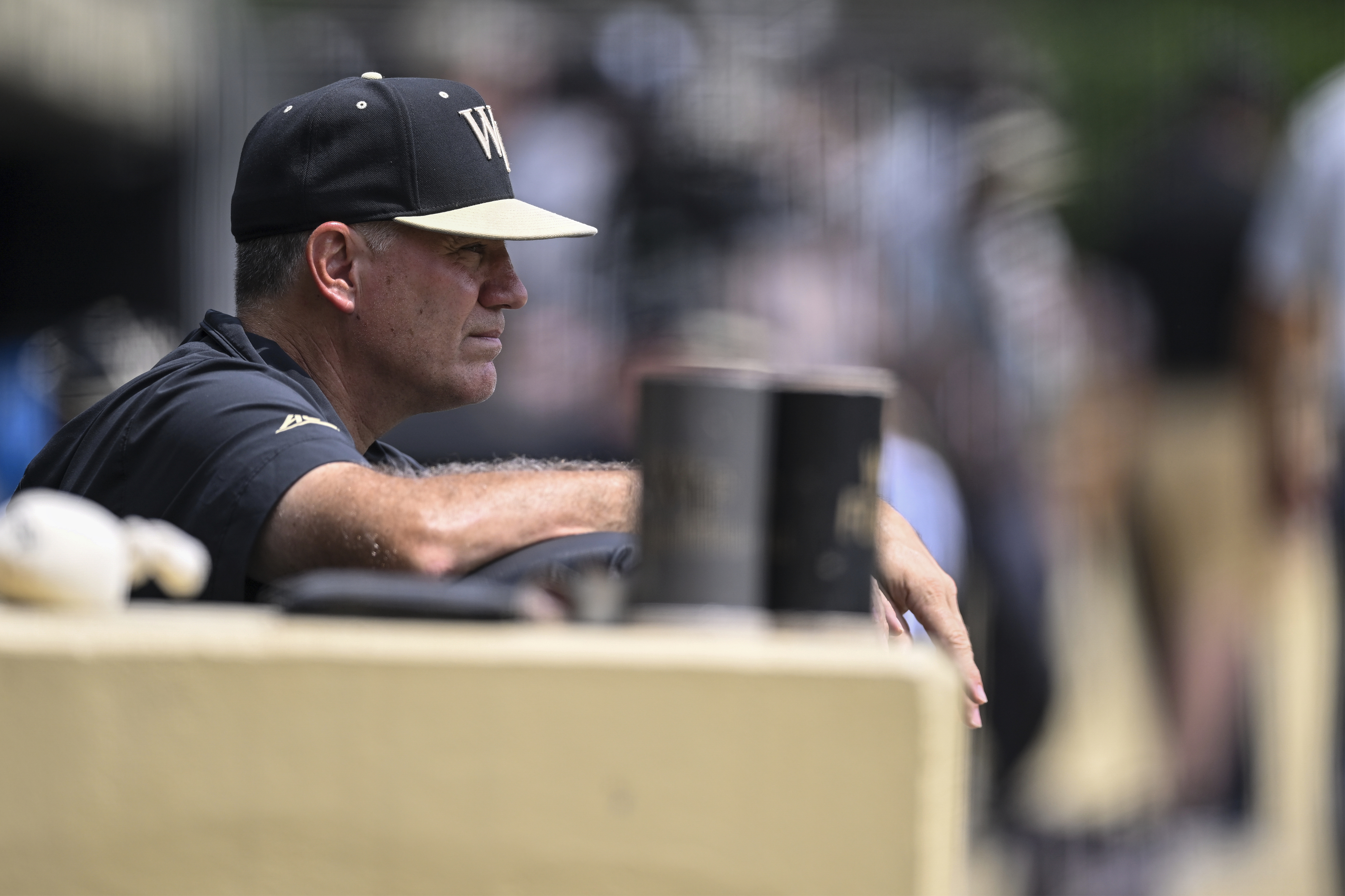 Wake Forest head coach Tom Walter looks on prior to an NCAA college baseball tournament super regional game against Alabama on June 11, 2023, in Winston-Salem, N.C. 
