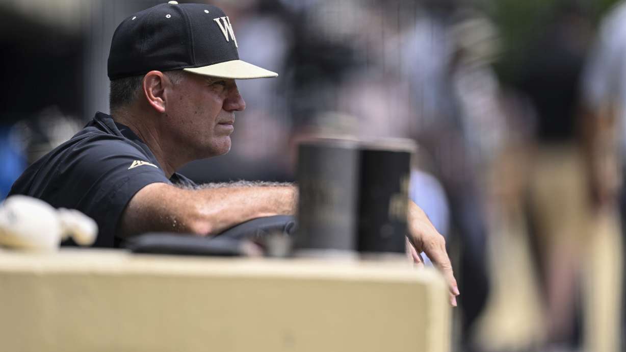 Wake Forest head coach Tom Walter looks on prior to an NCAA college baseball tournament super regional game against Alabama on June 11, 2023, in Winston-Salem, N.C.