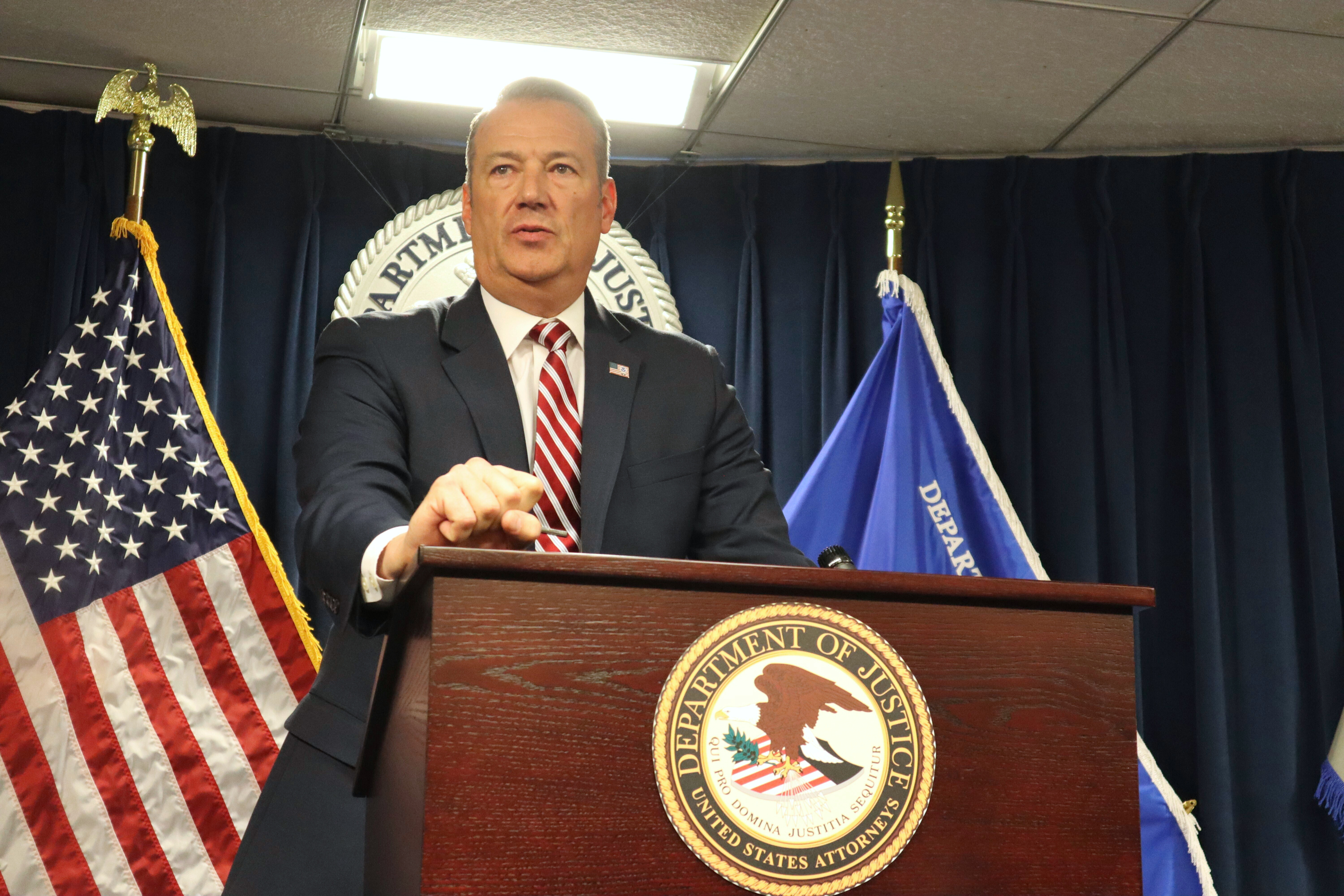 U.S. Immigration and Customs Enforcement Acting Director Todd Lyons announces that his agency took nearly 1,500 immigrants into custody in Massachusetts over the month of May during a news conference at the John Joseph Moakley U.S. Courthouse in Boston, Monday, June 2, 2025. 