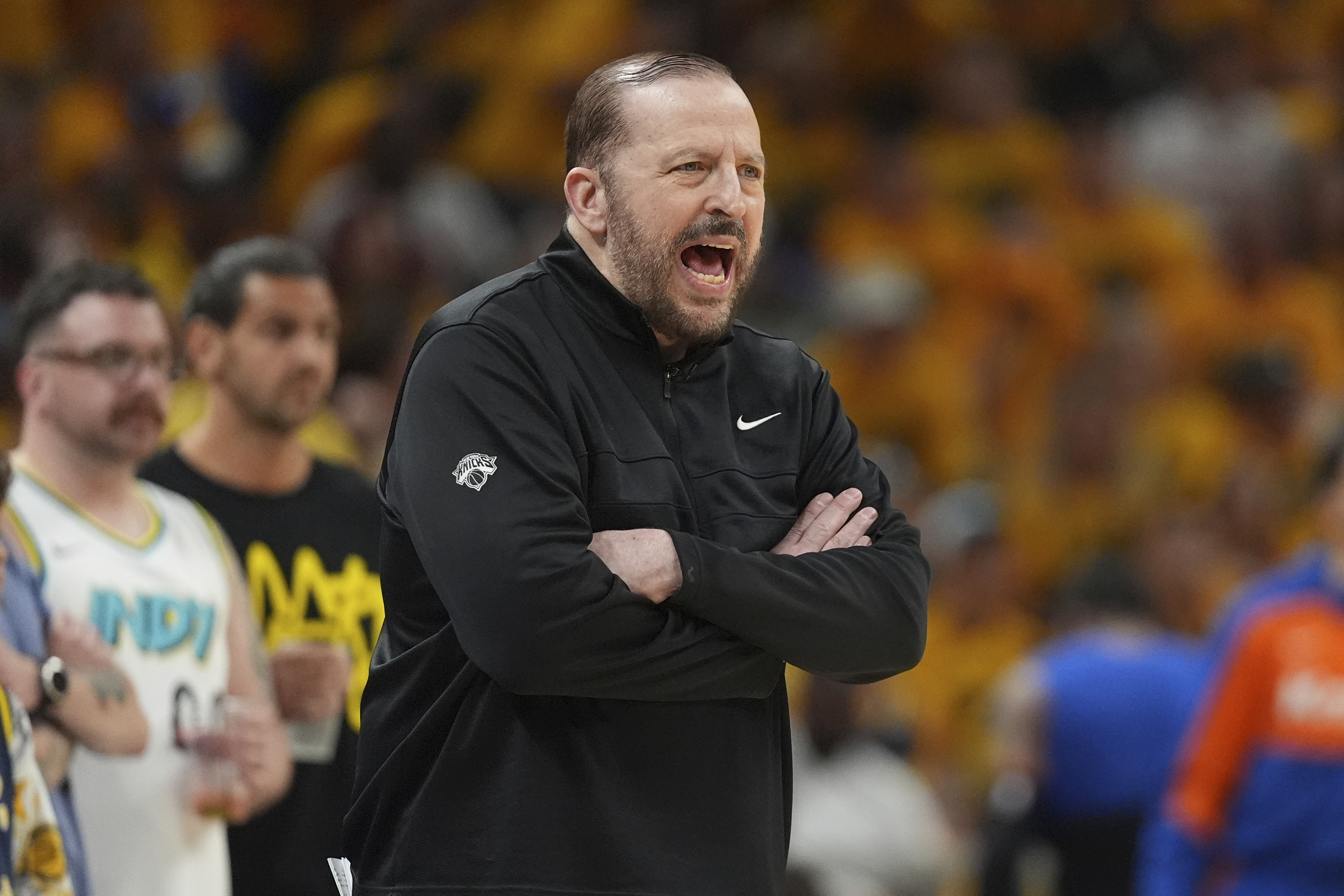 New York Knicks head coach Tom Thibodeau yells from the sideline during the first half of Game 6 of the Eastern Conference finals of the NBA basketball playoffs against the Indiana Pacers in Indianapolis, Saturday, May 31, 2025. 