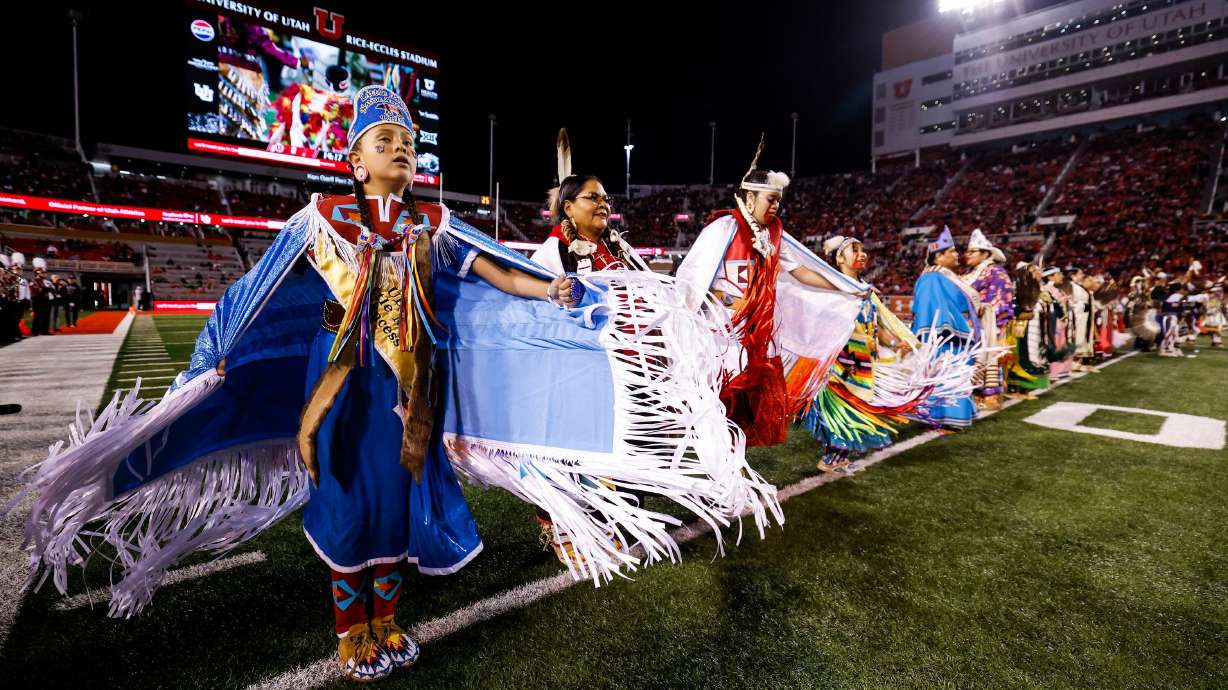 Members of the Ute Indian Tribe perform during the annual Ute Proud game at Rice-Eccles Stadium in Salt Lake City on Oct. 19, 2024. An agreement between the tribe and the University of Utah has been key to the school retaining its nickname.