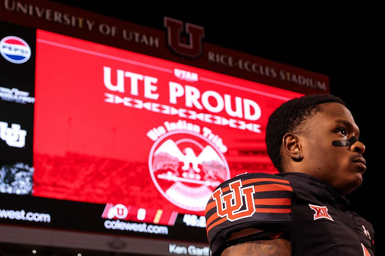 Utah Utes' Cameron Calhoun during the annual Ute Proud game at Rice-Eccles Stadium in Salt Lake City on Oct. 19, 2024. An agreement between the Ute Indian Tribe and the university has been key to the school retaining its nickname.