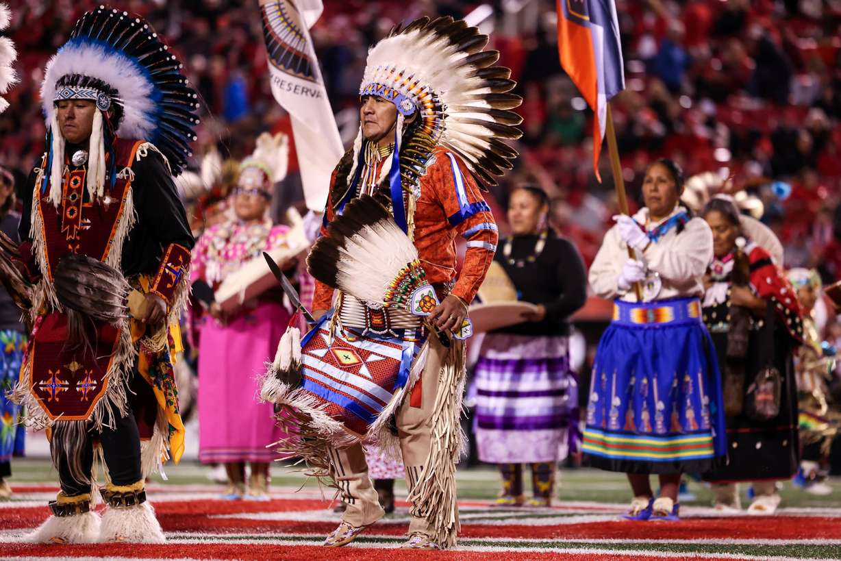 Members of the Ute Indian Tribe perform during the annual Ute Proud game at Rice-Eccles Stadium in Salt Lake City on Oct. 19, 2024. An agreement between the tribe and the University of Utah has been key to the school retaining its nickname.