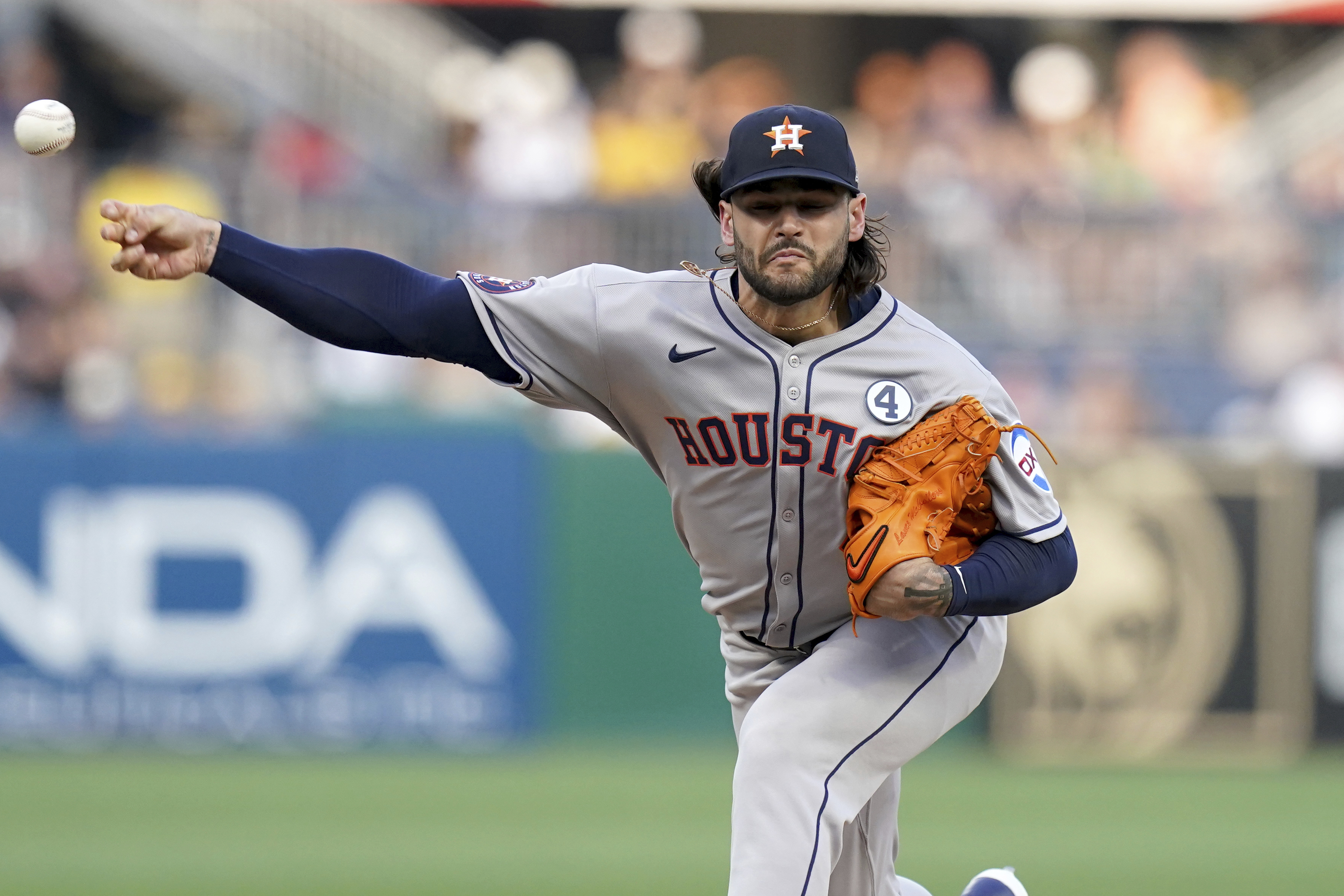 Houston Astros pitcher Lance McCullers Jr. delivers during the fourth inning of a baseball game against the Pittsburgh Pirates, Tuesday, June 3, 2025, in Pittsburgh.