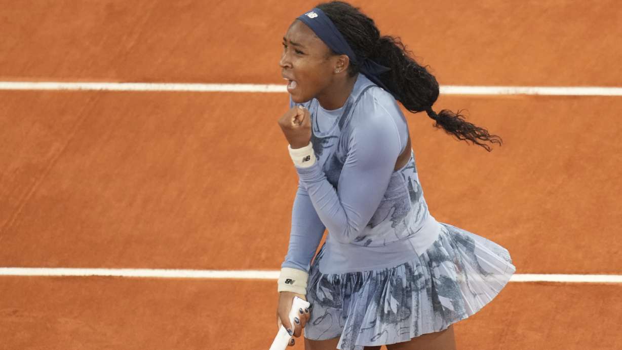 Coco Gauff of the U.S. reacts as she plays against Madison Keys of the U.S. during their quarterfinal match of the French Tennis Open at the Roland-Garros stadium in Paris, Wednesday, June 4, 2025.