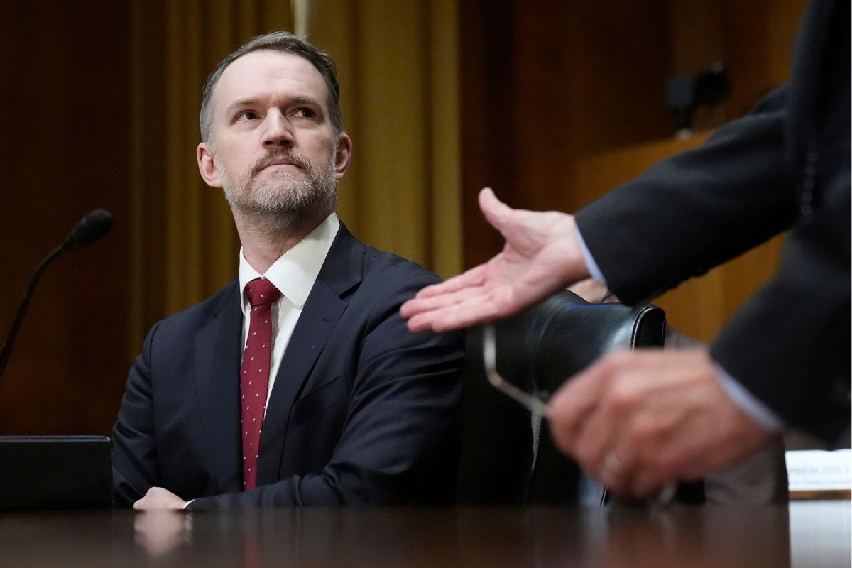 Sen. Peter Welch, D-Vt., shakes hands with U.S. Trade Representative Jamieson Greer before he testifies to the Senate Finance Committee on Capitol Hill in Washington, April 8. 