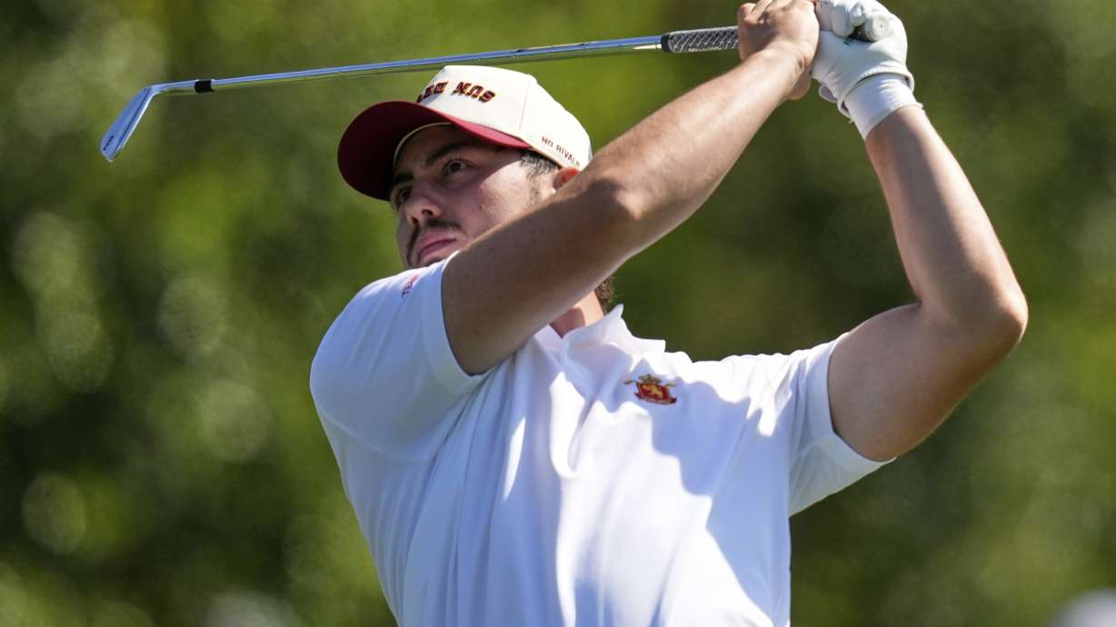 FILE - Jose Luis Ballester, of Spain, watches his tee shot on the 14th hole during the first round at the Masters golf tournament, Thursday, April 10, 2025, in Augusta, Ga.
