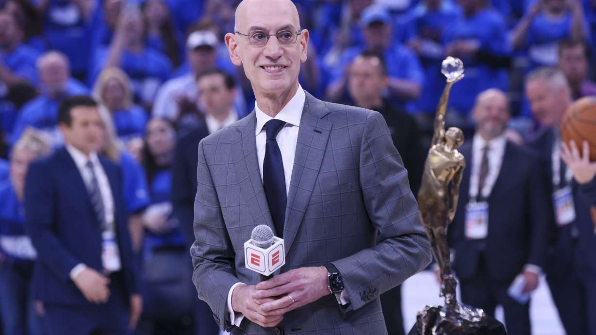 NBA commissioner Adam Silver is seen on the court prior to Game 2 of an NBA basketball Western Conference Finals playoff series between the Oklahoma City Thunder and the Minnesota Timberwolves Thursday, May 22, 2025, in Oklahoma City.