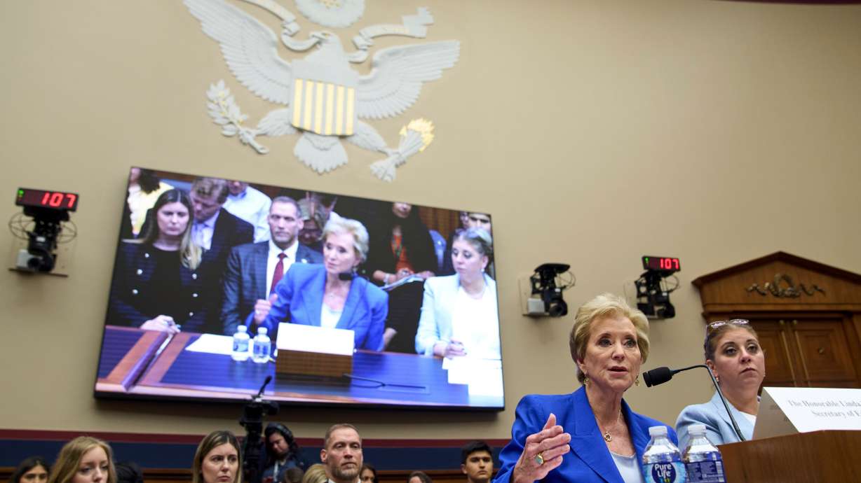 Secretary of Education Linda McMahon attends a House Committee meeting Wednesday in Washington. McMahon doubled down on Trump administration goals to reduce federal involvement in education and support school choice.