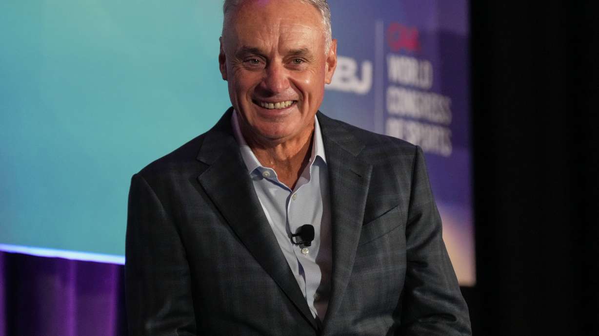 FILE - MLB Commissioner Rob Manfred speaks at the SBJ CAA World Congress of Sport, April 22, 2025, in Nashville, Tenn.