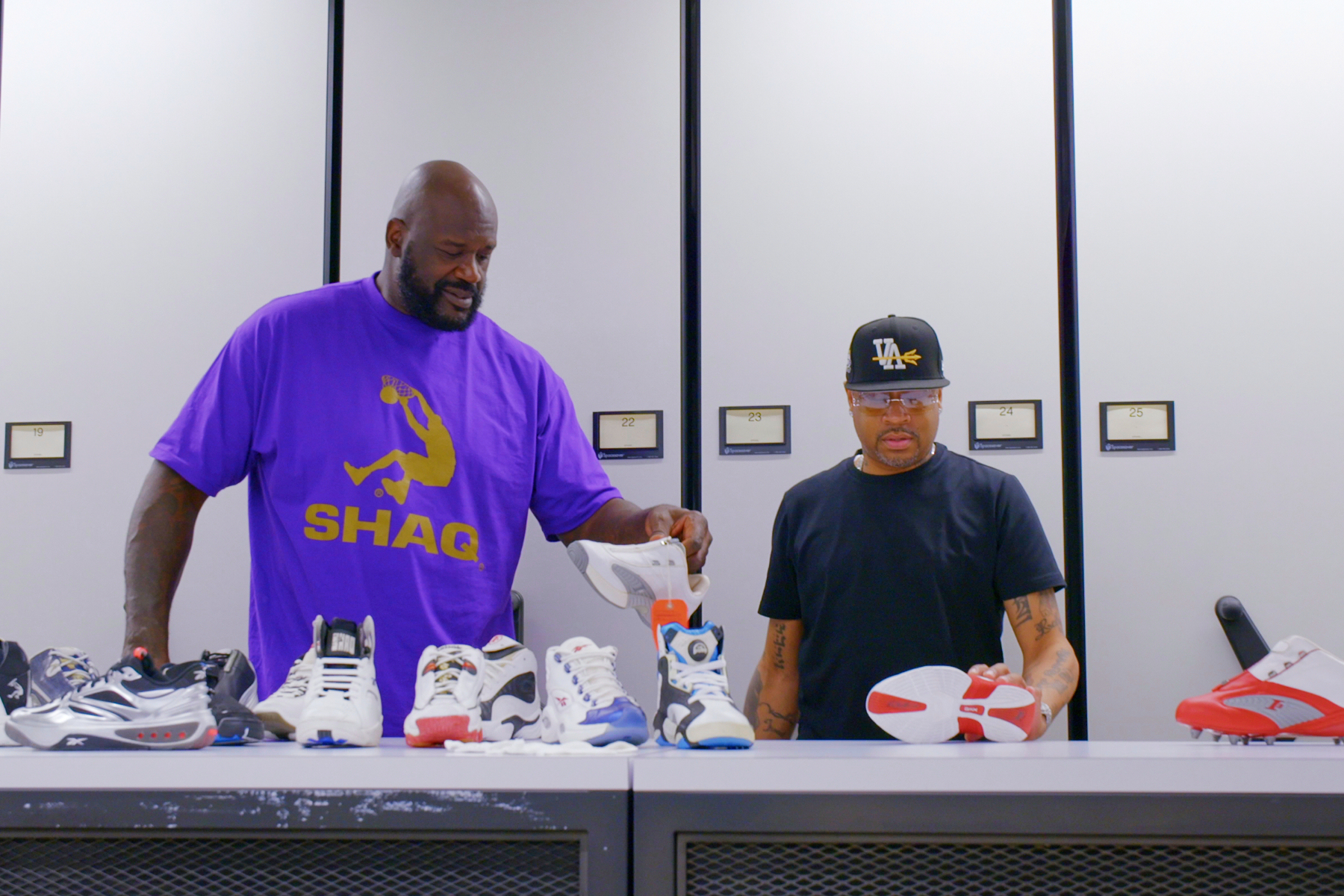 This image released by Netflix shows Shaquille O'Neal, left, and Allen Iverson in a scene from the series "Power Moves with Shaquille O'Neal." 