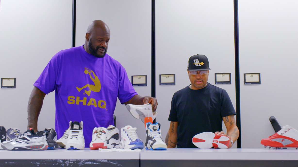 This image released by Netflix shows Shaquille O'Neal, left, and Allen Iverson in a scene from the series "Power Moves with Shaquille O'Neal."