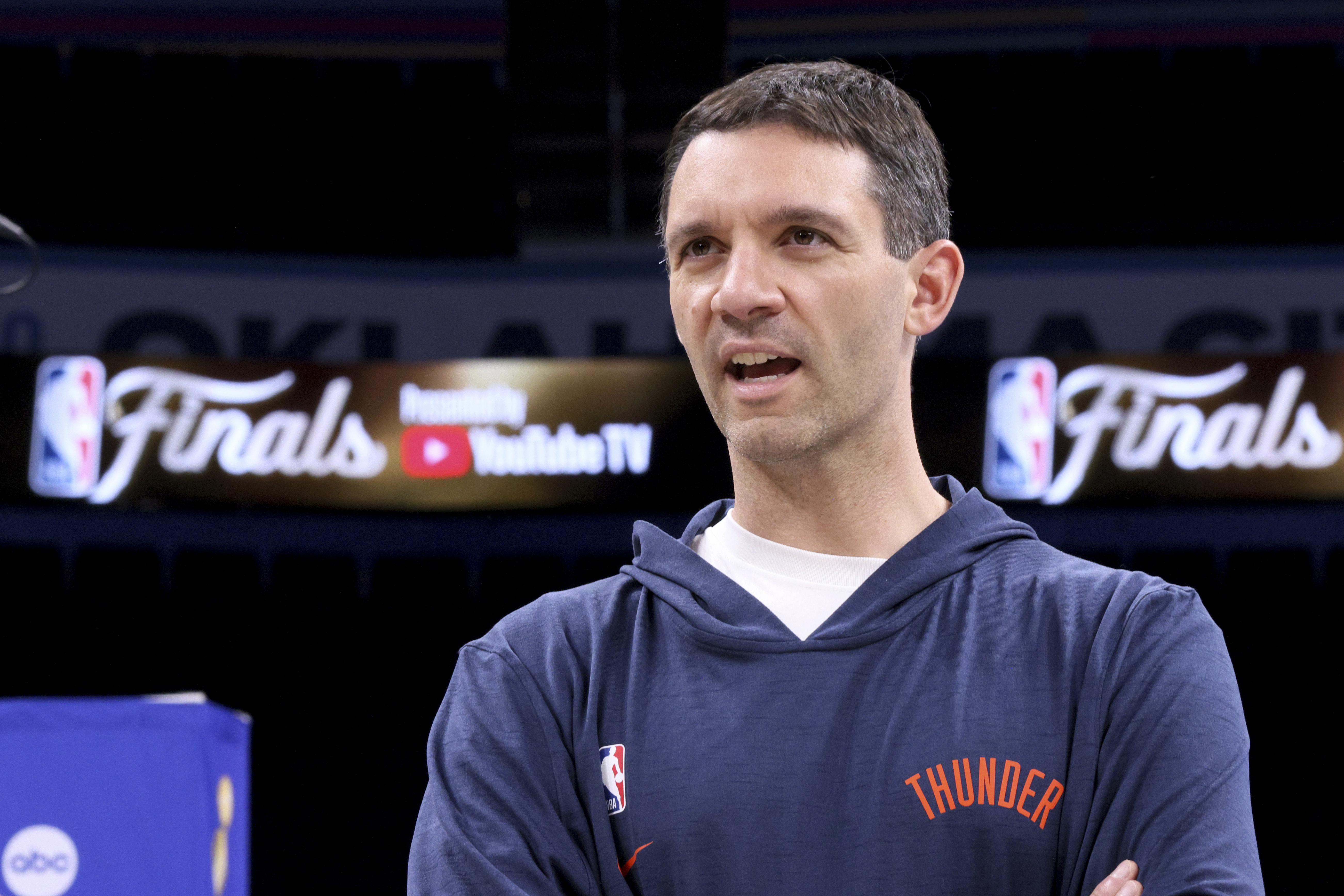 Oklahoma City Thunder coach Mark Daigneault speaks on the court after a news conference, Wednesday, June 4, 2025, ahead of Game 1 of the NBA Finals basketball series against the Indiana Pacers in Oklahoma City. 