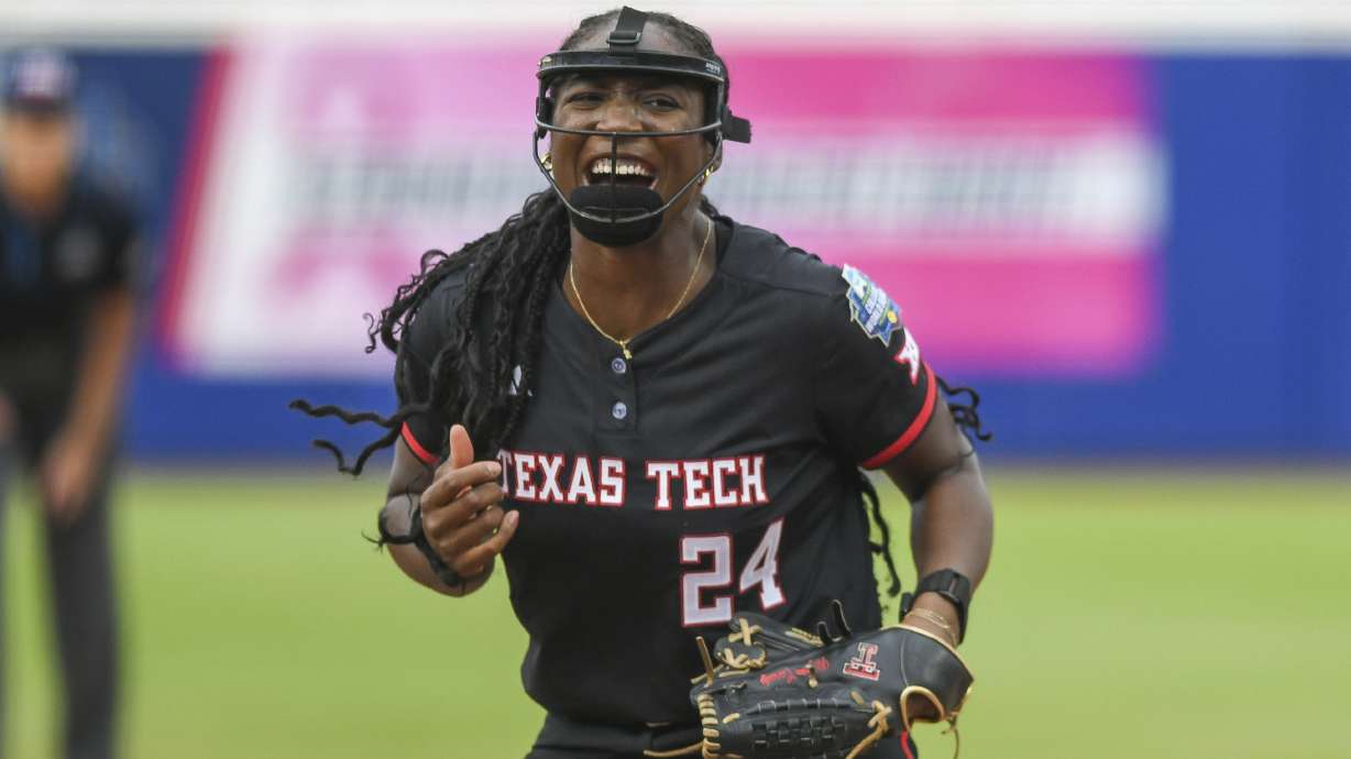 Texas Tech pitcher NiJaree Canady celebrates during the first game of the NCAA softball Women's College World Series finals against Texas in Oklahoma City, Wednesday, June 4, 2025.