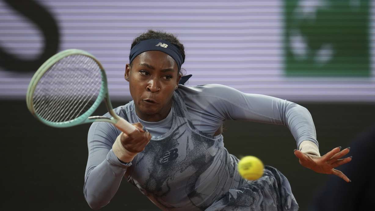 Coco Gauff of the U.S. plays a shot against Madison Keys of the U.S. during their quarterfinal match of the French Tennis Open at the Roland-Garros stadium in Paris, Wednesday, June 4, 2025.