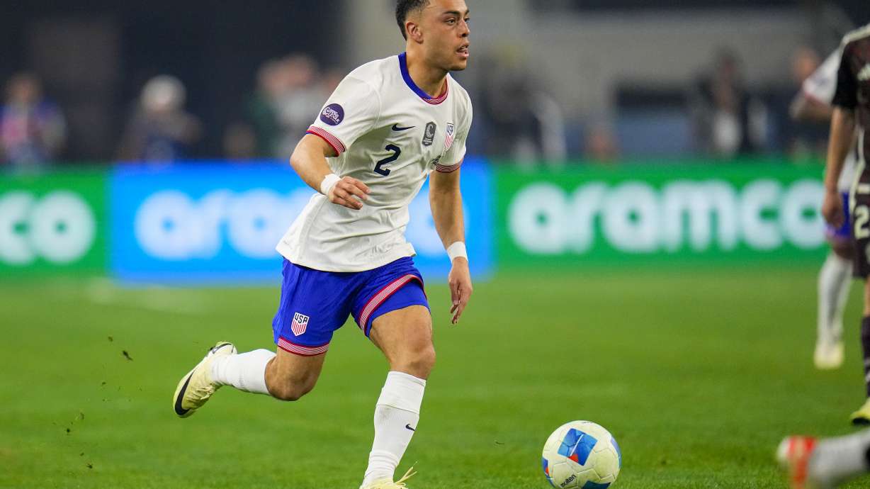 FILE - United States' Sergino Dest runs with the ball during a CONCACAF Nations League championship soccer match between Mexico and the United States, March 24, 2024, in Arlington, Texas. The U.S. won 2-0.