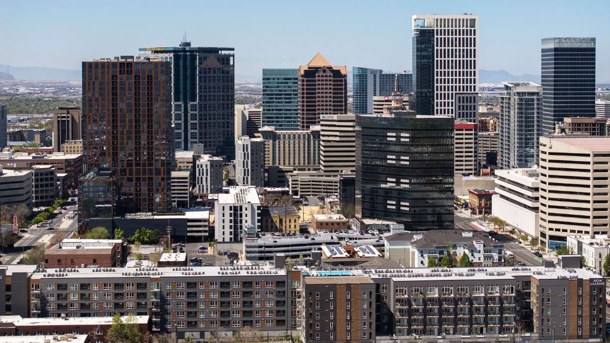 The skyline of downtown Salt Lake City is pictured on April 14, 2025. The city set a record for its hottest day on record Sunday afternoon.